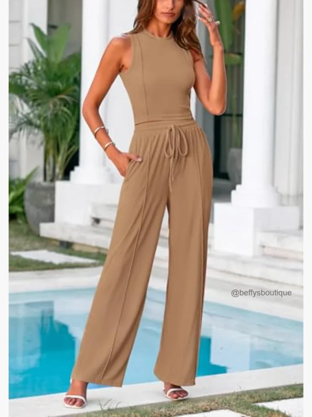 Women's Summer 2-Piece Loungewear Set Cropped Tank Top Wide Leg Sweatpants - Picture 6 of 7